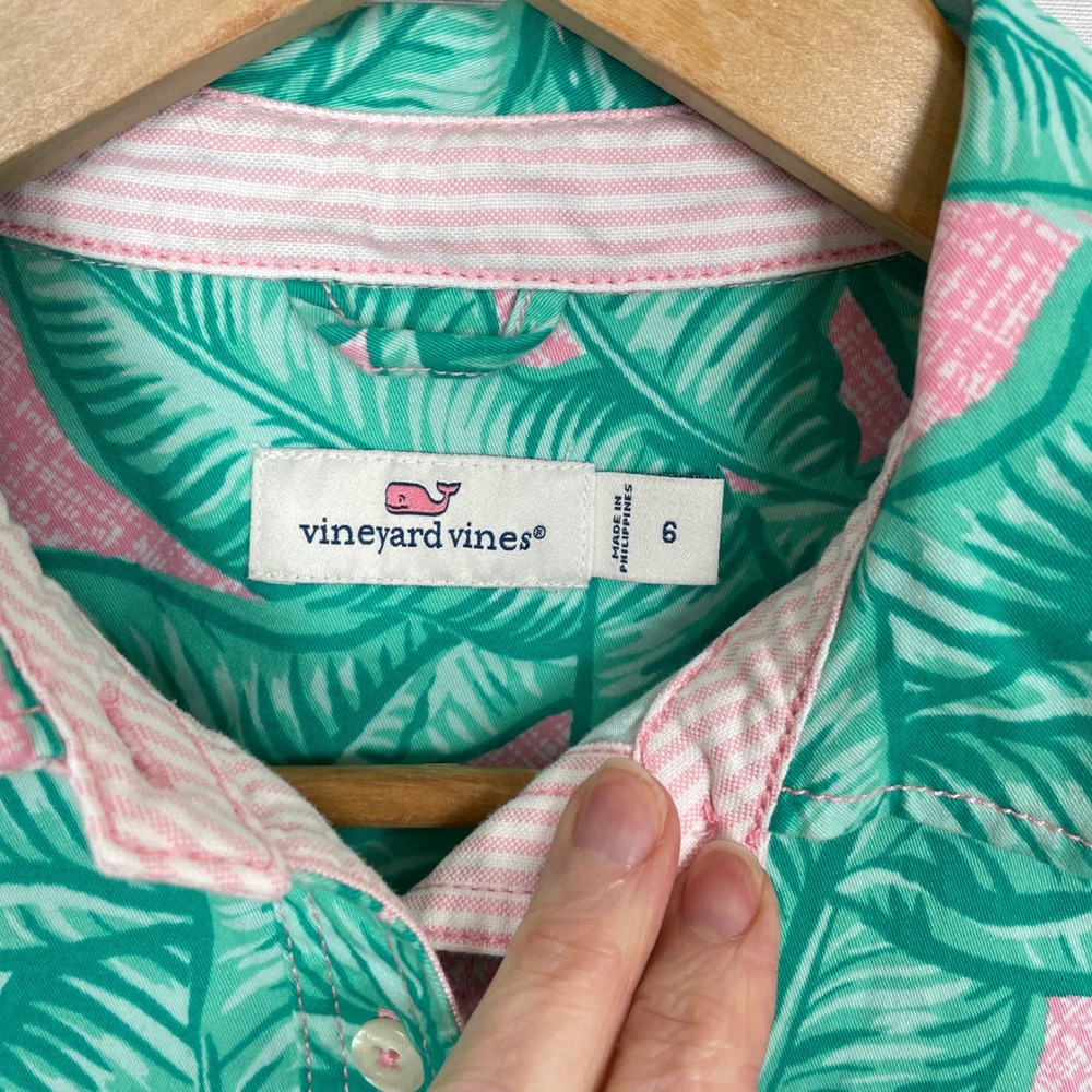 Vineyard Vines Pink Green Leaf Print Sleeveless Shirt Dress Sz 6 Preppy Vacation - Picture 4 of 8